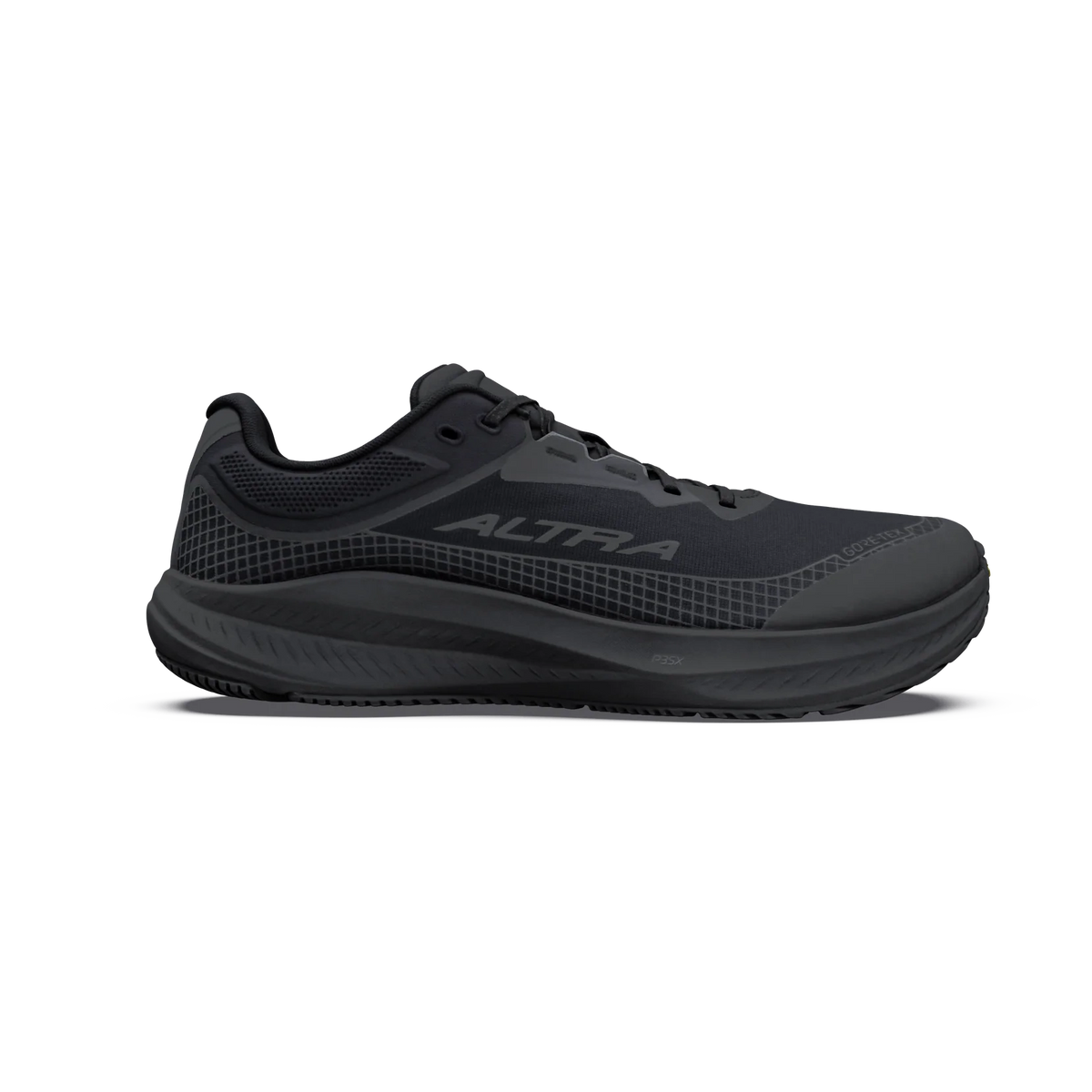 A black Altra Torin 9 GTX– Men's trail running shoe shown in a side profile view against a solid white background.
