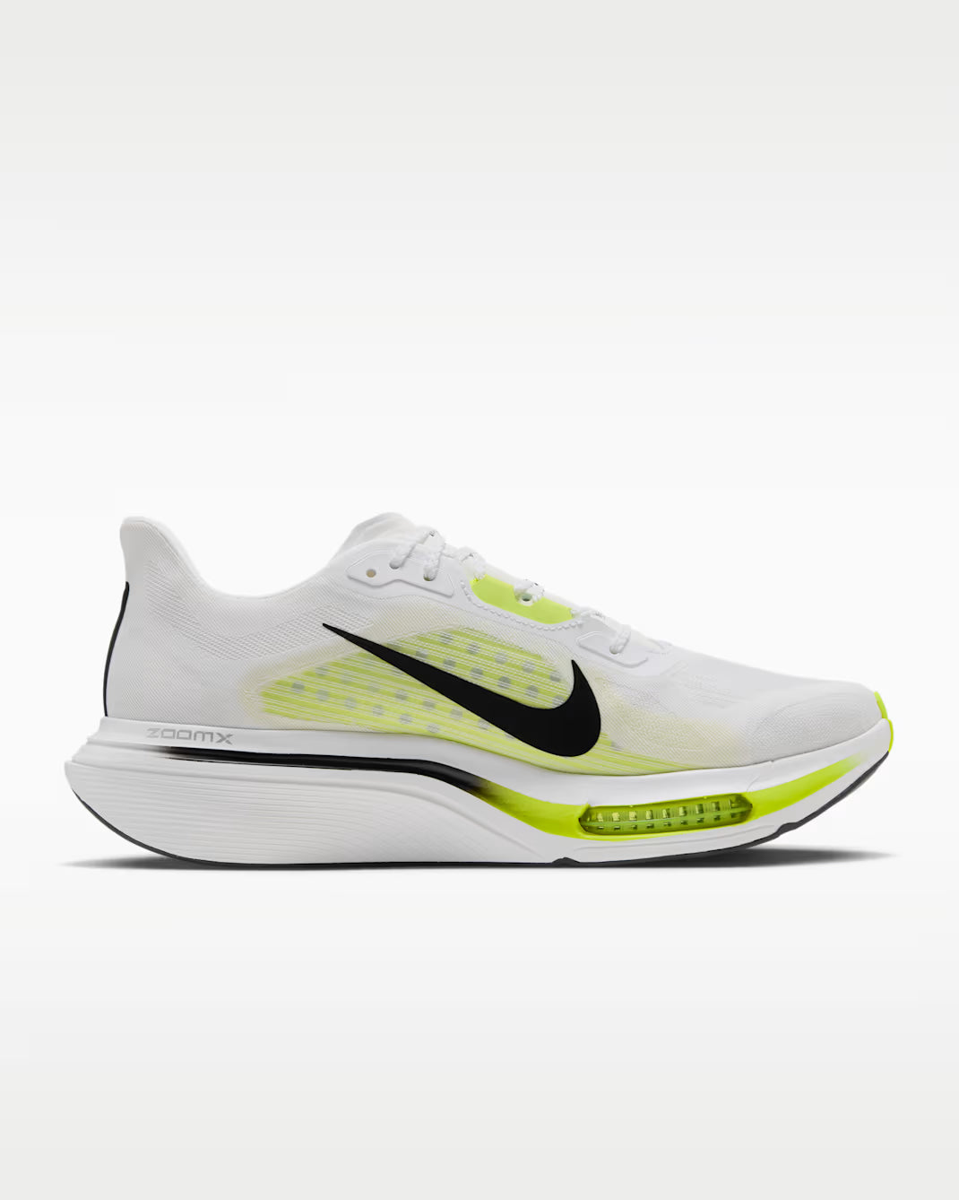 A Nike Pegasus Plus 2 -- Men's running shoe in white with a black Swoosh and bright neon yellow-green accents on the side and midsole, shown from a side profile against a light gray background.