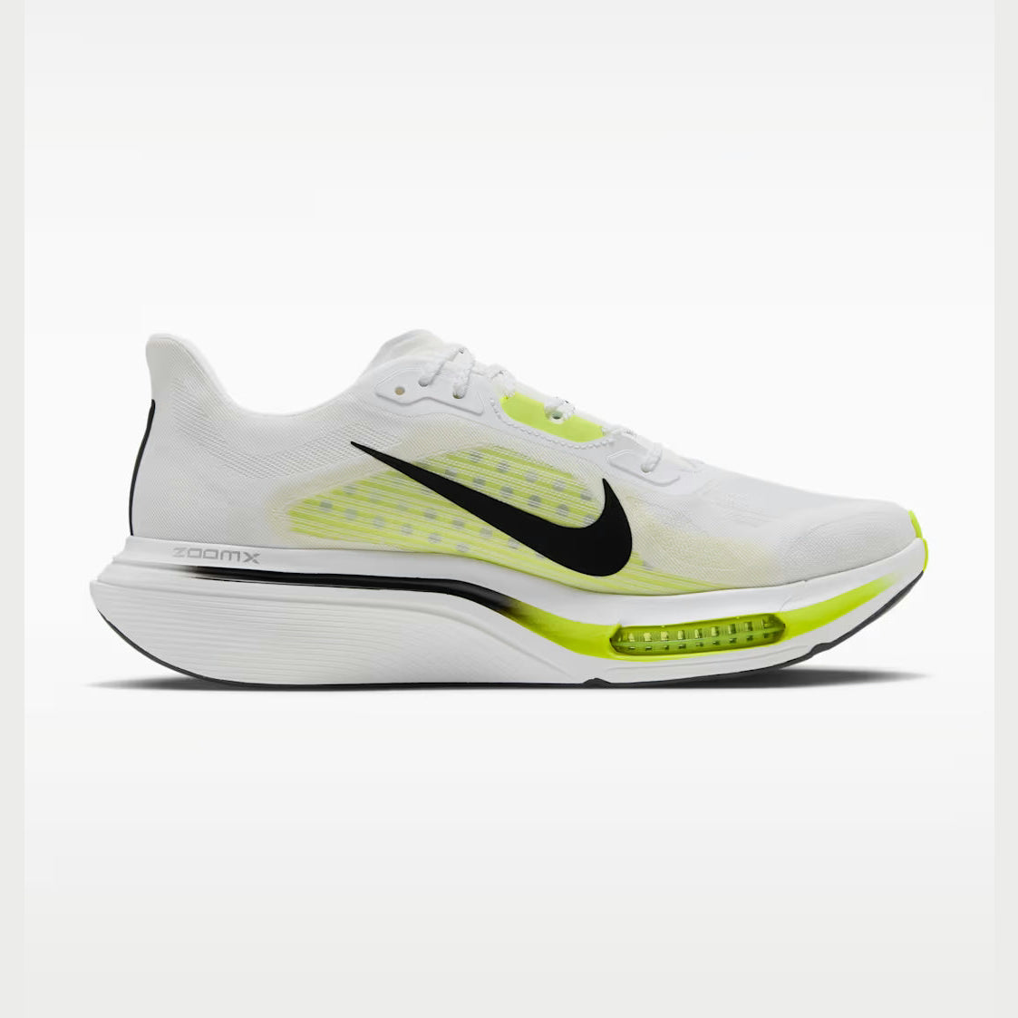A Nike Pegasus Plus 2 -- Men's running shoe in white with a black Swoosh and bright neon yellow-green accents on the side and midsole, shown from a side profile against a light gray background.