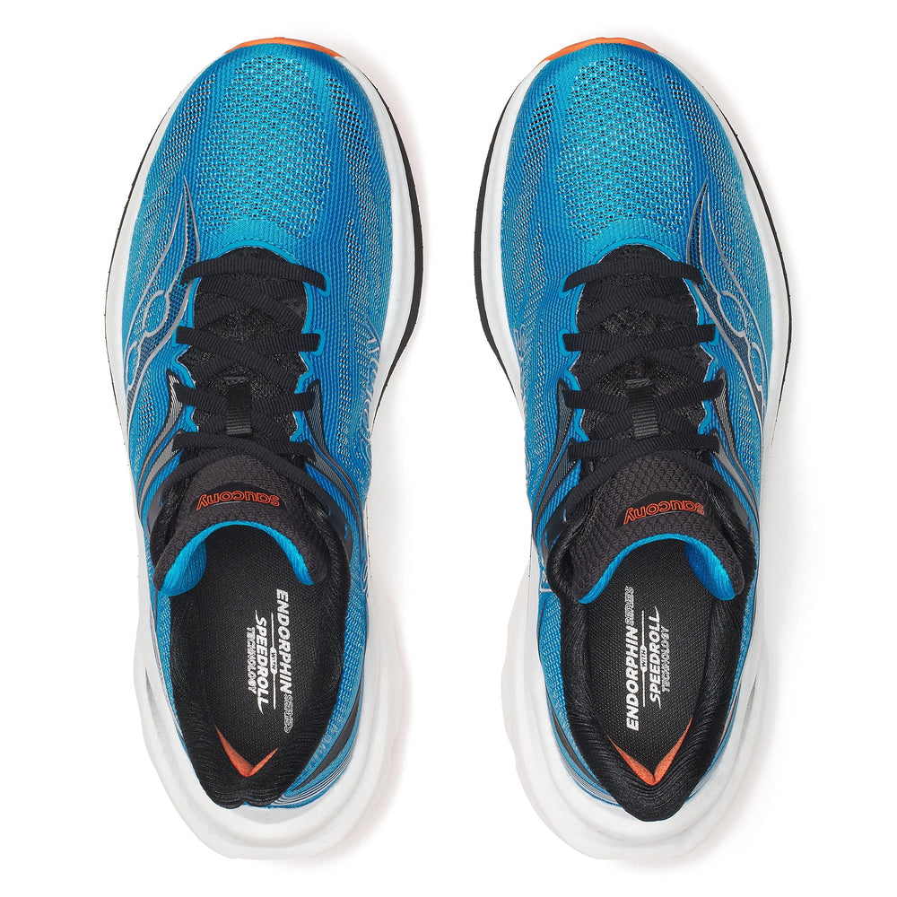 A pair of blue and black Saucony Endorphin Speed 6--Men's running shoes shown from a top-down view on a white background, featuring the Endorphin Speedroll Technology midsole and heel branding.