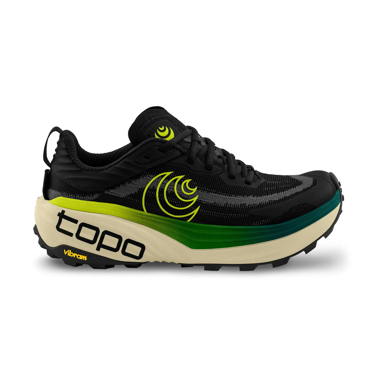 Black and green Topo Athletic Vista – Men's running shoe with Topo brand logo on a white background