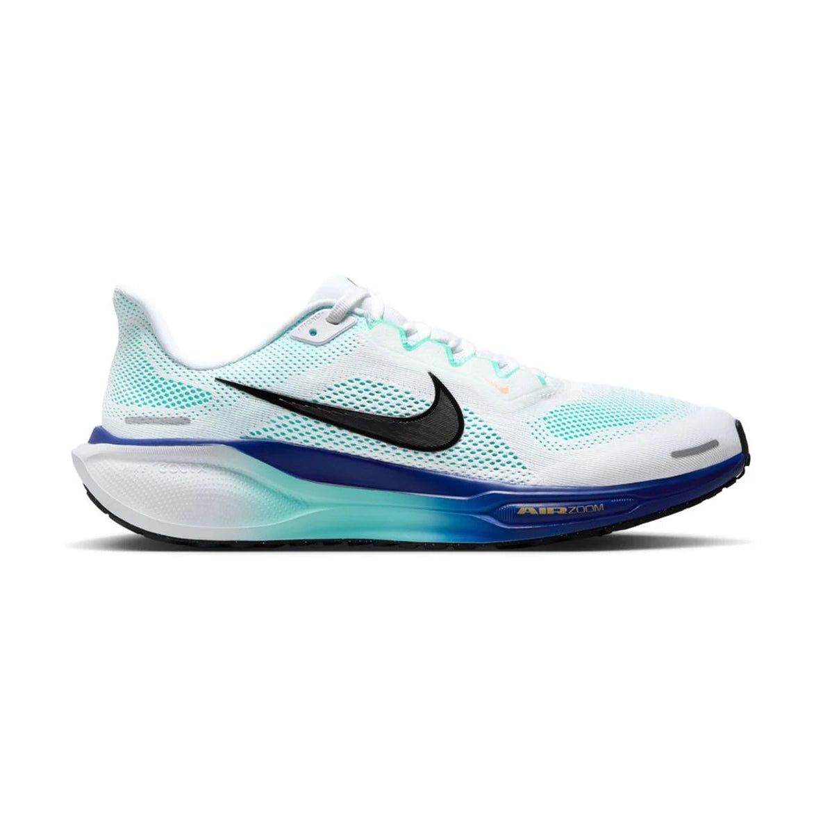 A Nike Pegasus 41 – Men'srunning shoe in white with a black Swoosh, featuring a translucent aqua and blue gradient midsole and heel counter, set against a plain white background.