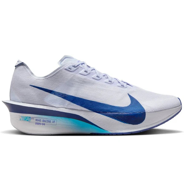 A Nike Vaporfly 4 – Men's running shoe in white and blue, featuring a textured white upper, a prominent blue Swoosh, and a white and blue sole, shown against a plain white background.