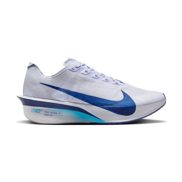 A Nike Vaporfly 4 – Men's running shoe in white and blue, featuring a textured white upper, a prominent blue Swoosh, and a white and blue sole, shown against a plain white background.