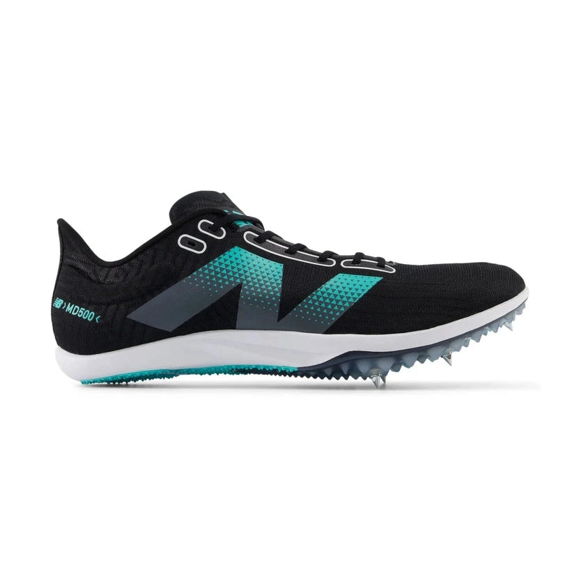 A New Balance Md500 V9 – Men's track shoe in black with teal and dark gray accents, featuring a white midsole and metal track spikes, shown from a side profile on a white background.