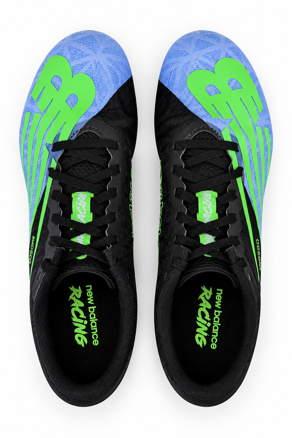A pair of New Balance Md500 V8 – Women's racing shoes shown from a top-down view. The shoes are primarily black with vibrant neon green accents and a light blue toe cap section featuring a large green New Balance 'N' logo.