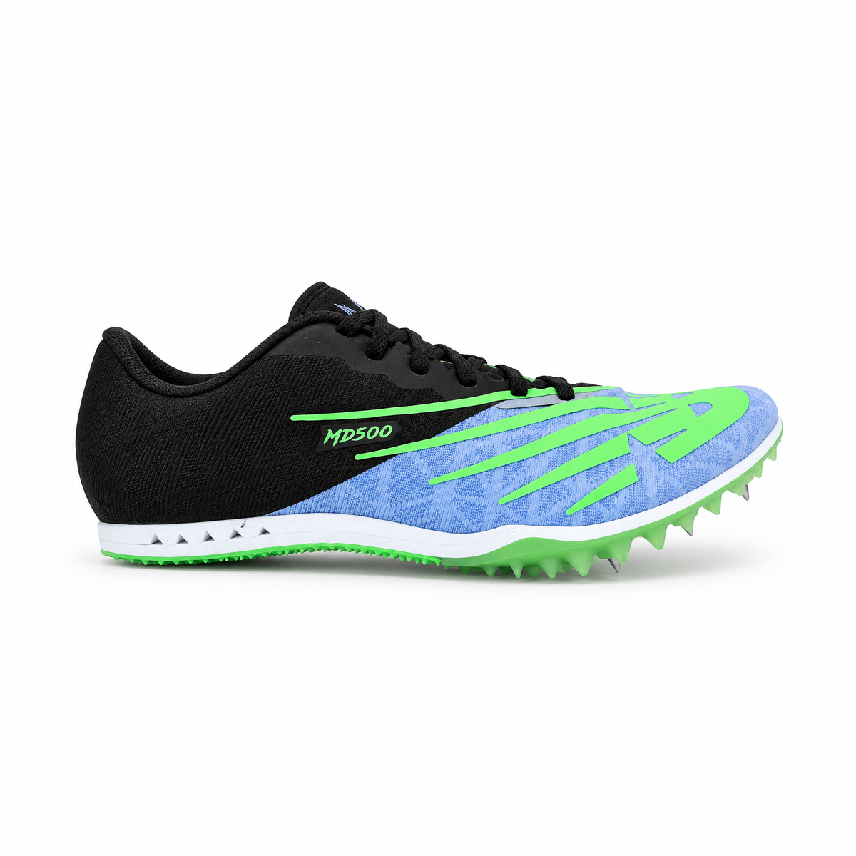 A single New Balance Md500 V8 – Women's athletic track shoe shown in a side profile on a clean white background. The shoe features a black upper, a light blue textured midfoot, and bright neon green accents, including the 'MD500' model name and the outsole spikes.