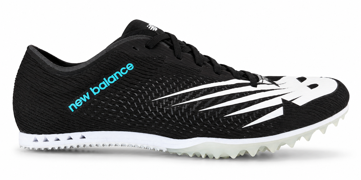 A black New Balance Md500 V7 – Women's track spike shoe with a textured knit upper, white side stripes, a white spike sole, and a bright blue 'new balance' logo on the side, shown against a plain white background.