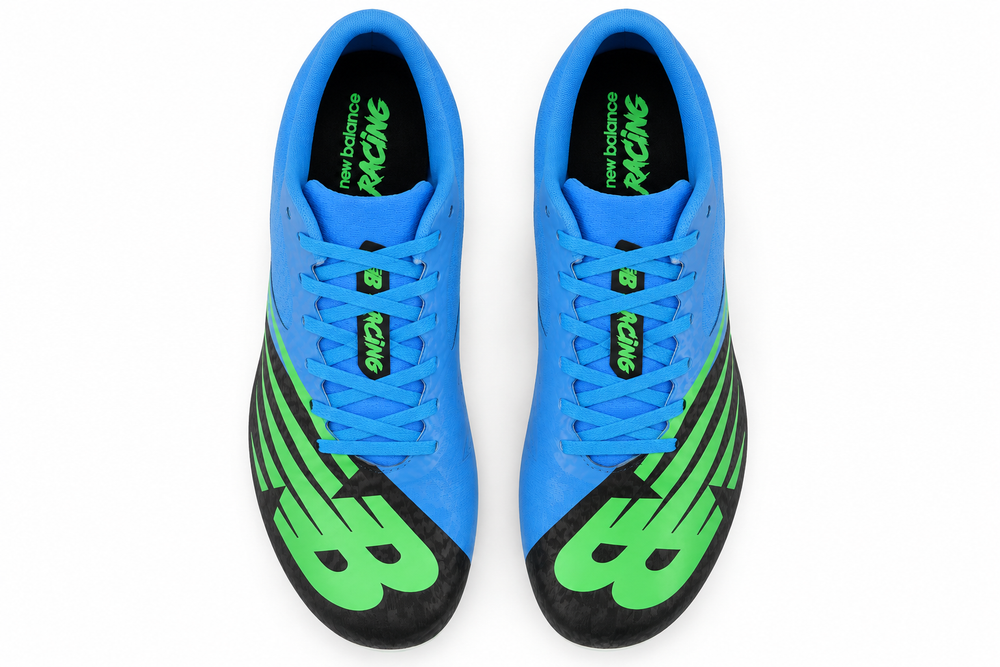 A pair of New Balance Sd100 V4 – Men's in bright blue with neon green and black accents, shown from a top-down view on a white background.