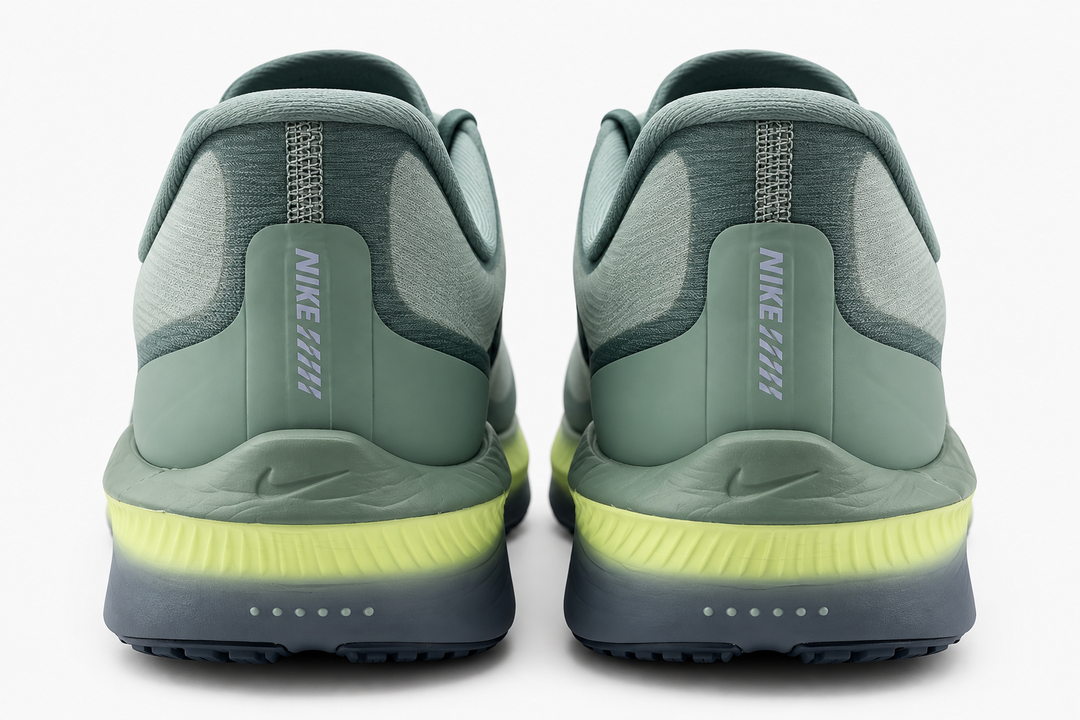 A pair of Nike running shoes shown from the back, featuring a muted sage green upper, a bright neon yellow midsole accent, and a dark gray outsole.