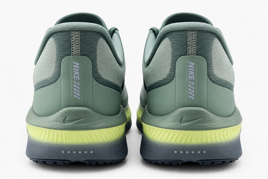 A pair of Nike running shoes shown from the back, featuring a muted sage green upper, a bright neon yellow midsole accent, and a dark gray outsole.
