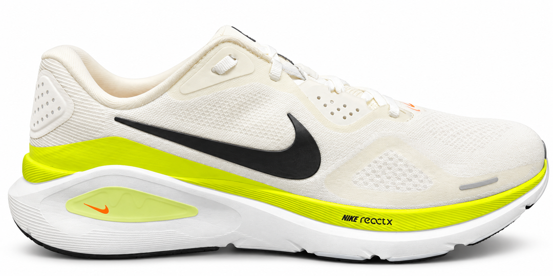 A Nike Structure 26 – Men's running shoe in white mesh with a black Swoosh, a bright neon yellow midsole accent, and a white outsole, shown from a side profile on a white background.