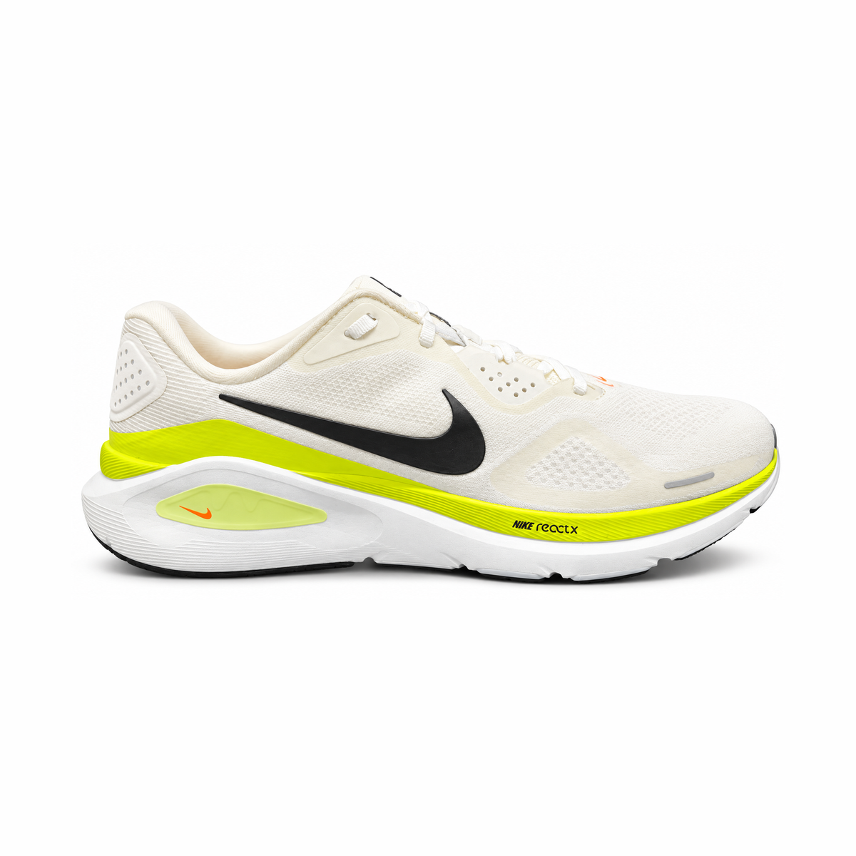 A Nike Structure 26 – Men's running shoe in white mesh with a black Swoosh, a bright neon yellow midsole accent, and a white outsole, shown from a side profile on a white background.