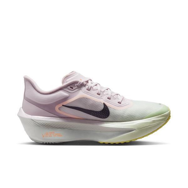 A Nike Zoom Fly 6 - Women's running shoe in a pastel colorway featuring light pink, lavender, mint green, and white, with a black Swoosh logo and a small orange 'AIR ZOOM' text on the heel.