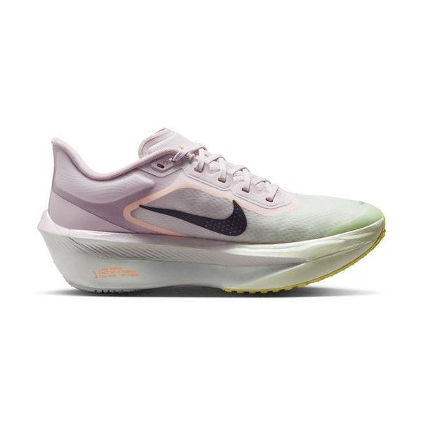 A Nike Zoom Fly 6 - Women's running shoe in a pastel colorway featuring light pink, lavender, mint green, and white, with a black Swoosh logo and a small orange 'AIR ZOOM' text on the heel.