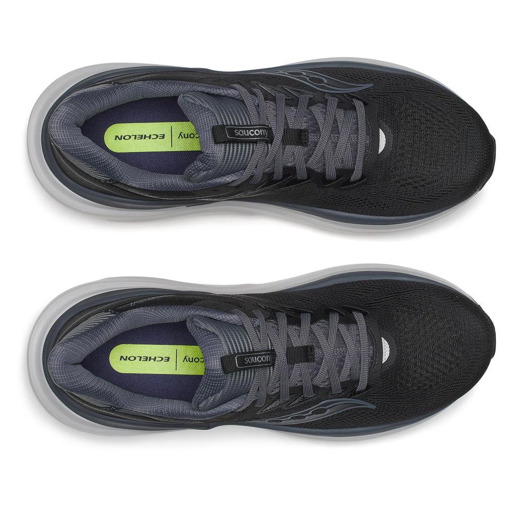 A pair of Saucony Echelon 11 – Men's – Black/Gunmetal running shoes shown from a top-down view, featuring a black and dark gray mesh upper with gray laces, a light gray sole, and a bright lime green insole.