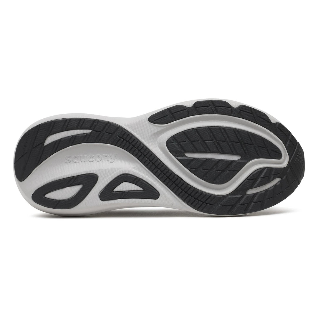 The outsole of a Saucony athletic shoe, featuring a black treaded design with a white and gray midsole, shown on a white background.