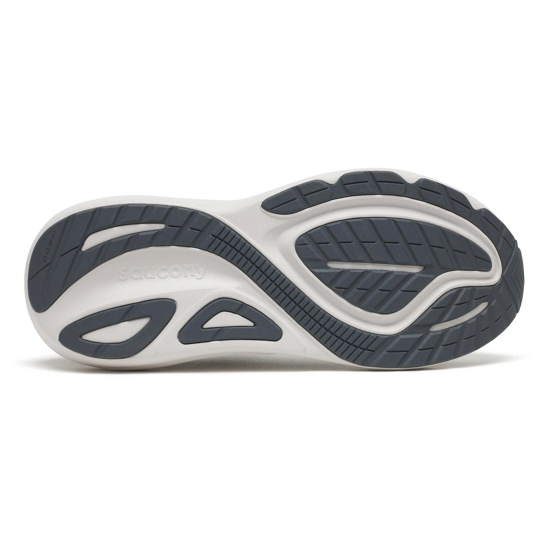 The outsole of a Saucony athletic shoe, showing a white midsole with dark gray and black tread patterns, photographed on a clean white background.