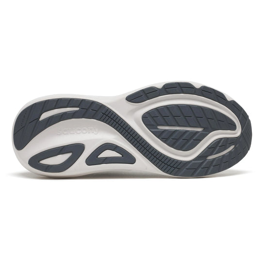 The outsole of a Saucony athletic shoe, showing a white midsole with dark gray and black tread patterns, photographed on a clean white background.