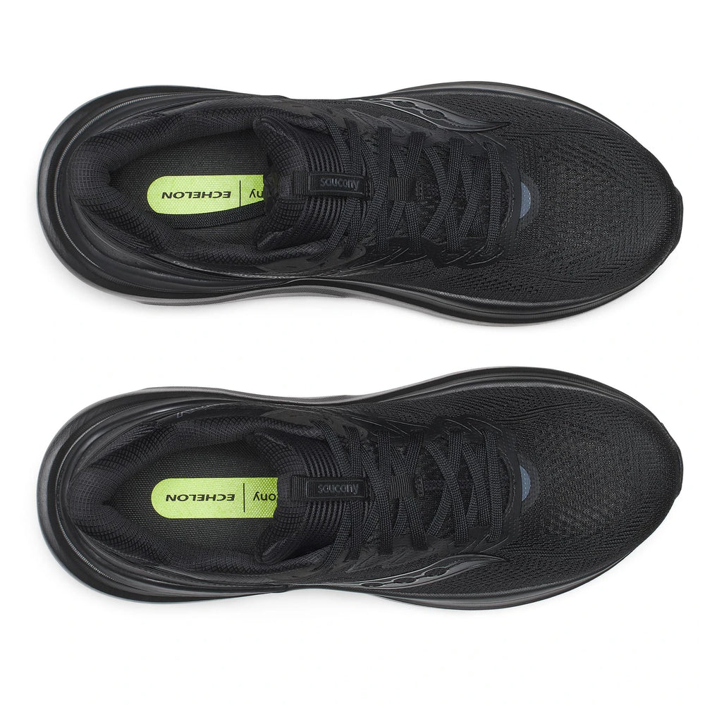 A pair of Saucony Echelon 11 – Men's black running shoes shown from a top-down view on a white background, featuring a bright lime green inner sole label with the brand name 'ECHELON'.