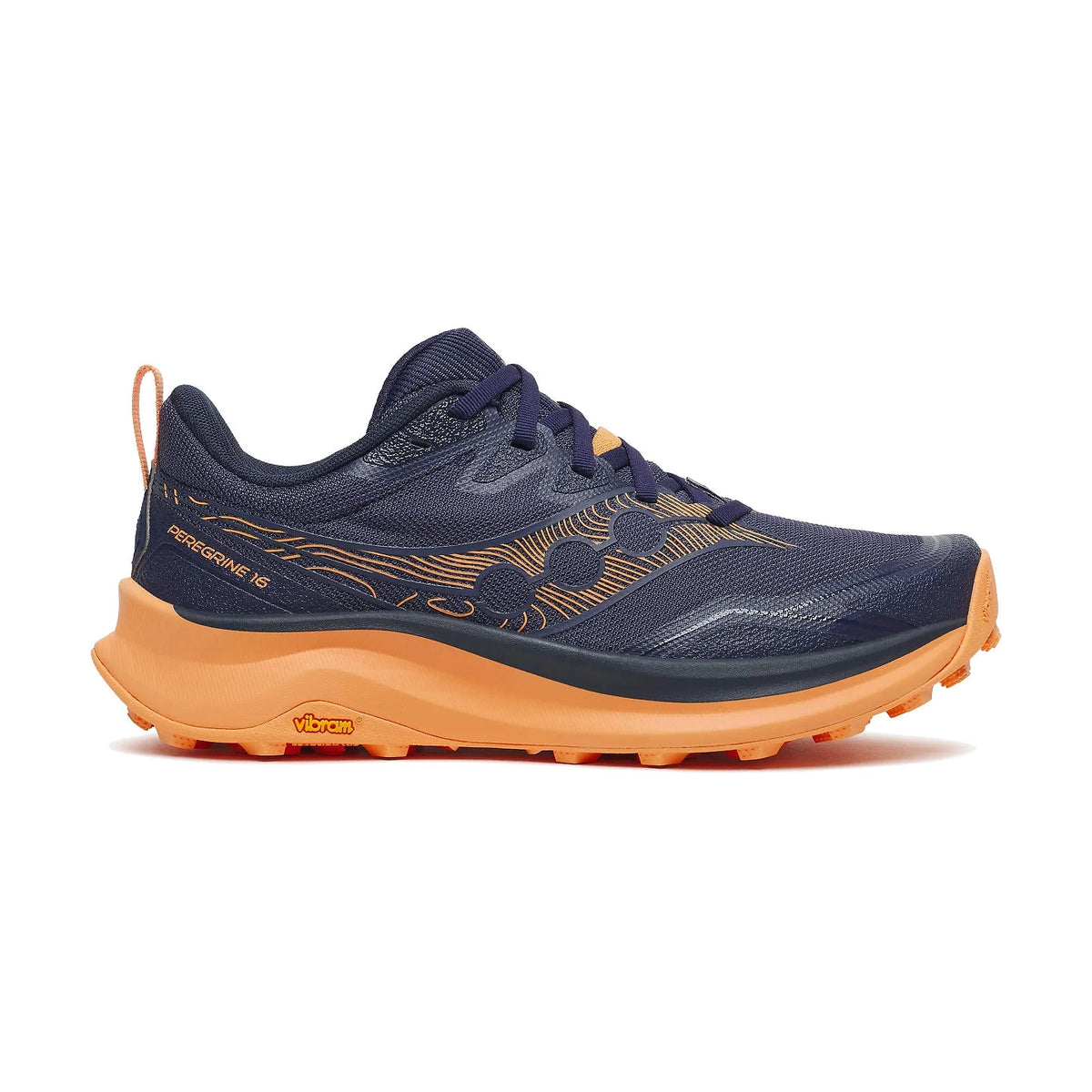A single Saucony Peregrine 16 – Women's trail running shoe shown in profile against a white background. The shoe features a dark navy blue mesh upper with orange graphic patterns, a thick orange midsole, and an orange Vibram outsole.