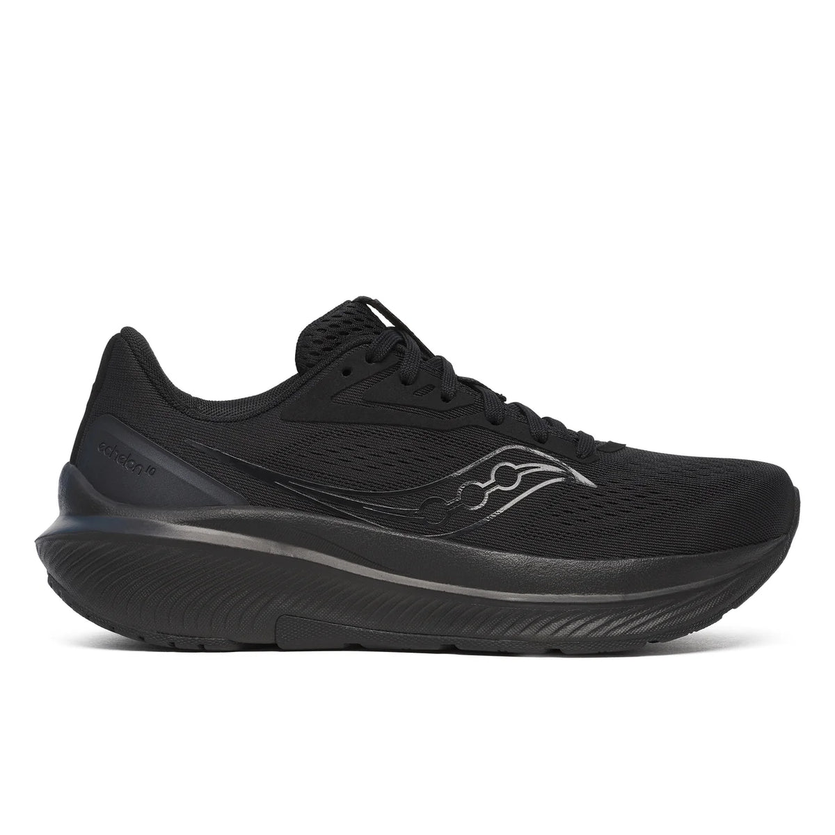 A black Saucony Echelon 10 – Women's shoe with a chunky, rugged sole, shown in a side profile on a light gray background.