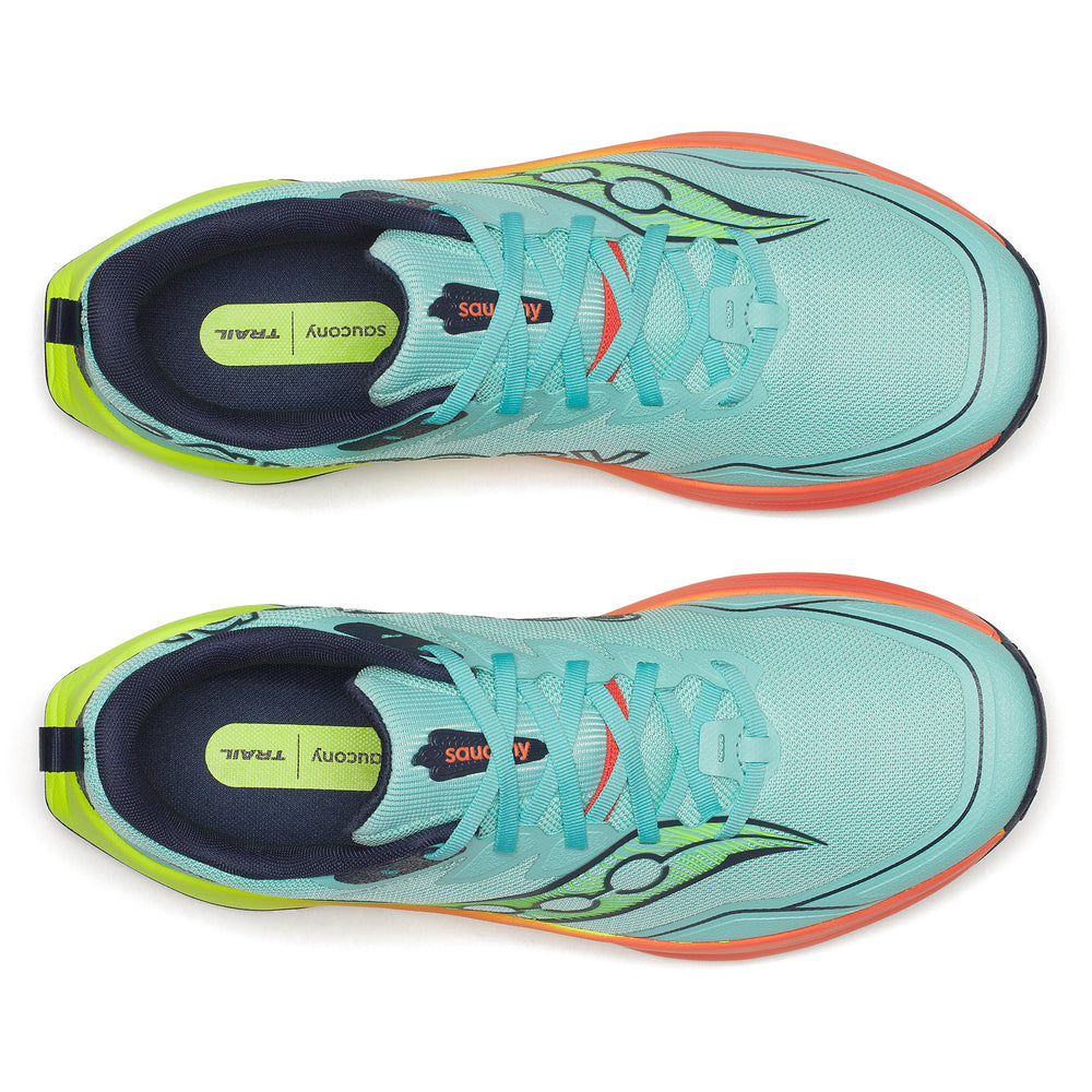 Pair of turquoise Saucony Peregrine 16 – Men's running shoes with colorful accents on a white background