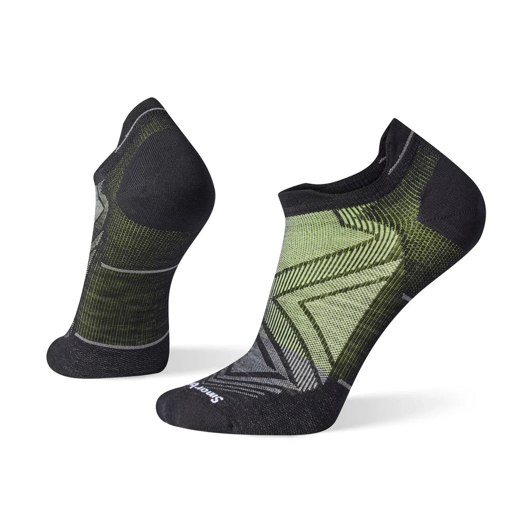 A pair of Smartwool Run Zero Cushion Low Ankle socks shown from the front and back on a clean white background. The socks feature a black base with a textured olive green and gray geometric pattern on the leg and foot.
