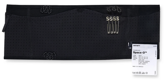 Black perforated abdominal Space-O Belt--All Gende with safety pins and a white product tag reading SATISFY Space-O on a white background.