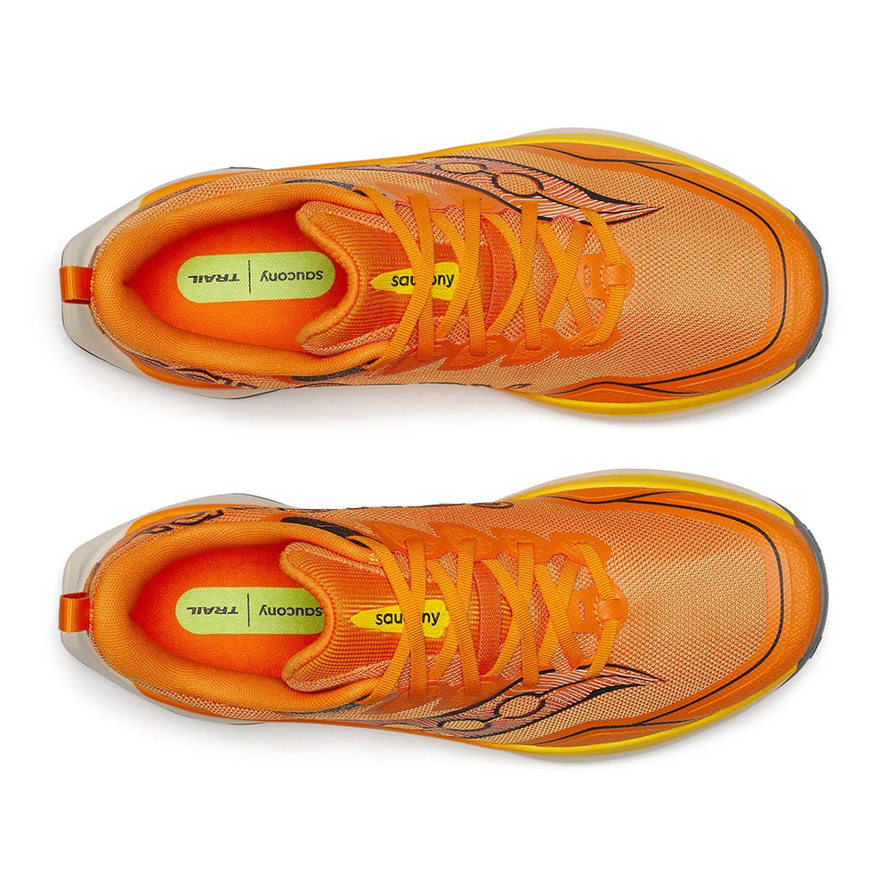 A pair of bright orange Saucony Peregrine 16 – Men's running shoes shown from a top-down view on a clean white background. The shoes feature a mesh upper, orange laces, a yellow-green tongue.
