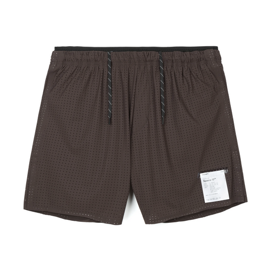 A pair of dark brown perforated mesh Space-O Shorts--Men&