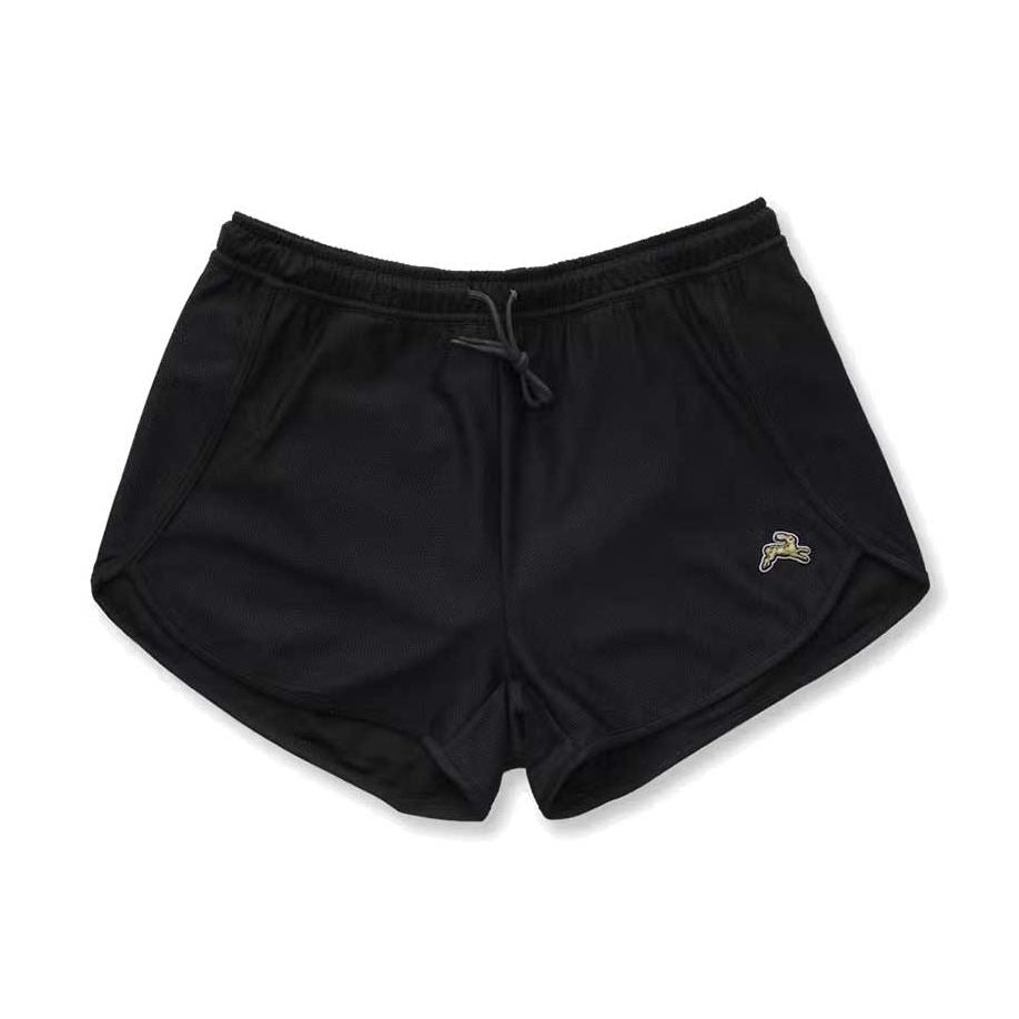 Black Van Cortlandt Shorts – Women's athletic shorts with an elastic drawstring waistband and a small yellow embroidered logo on the left hip, shown against a plain white background.