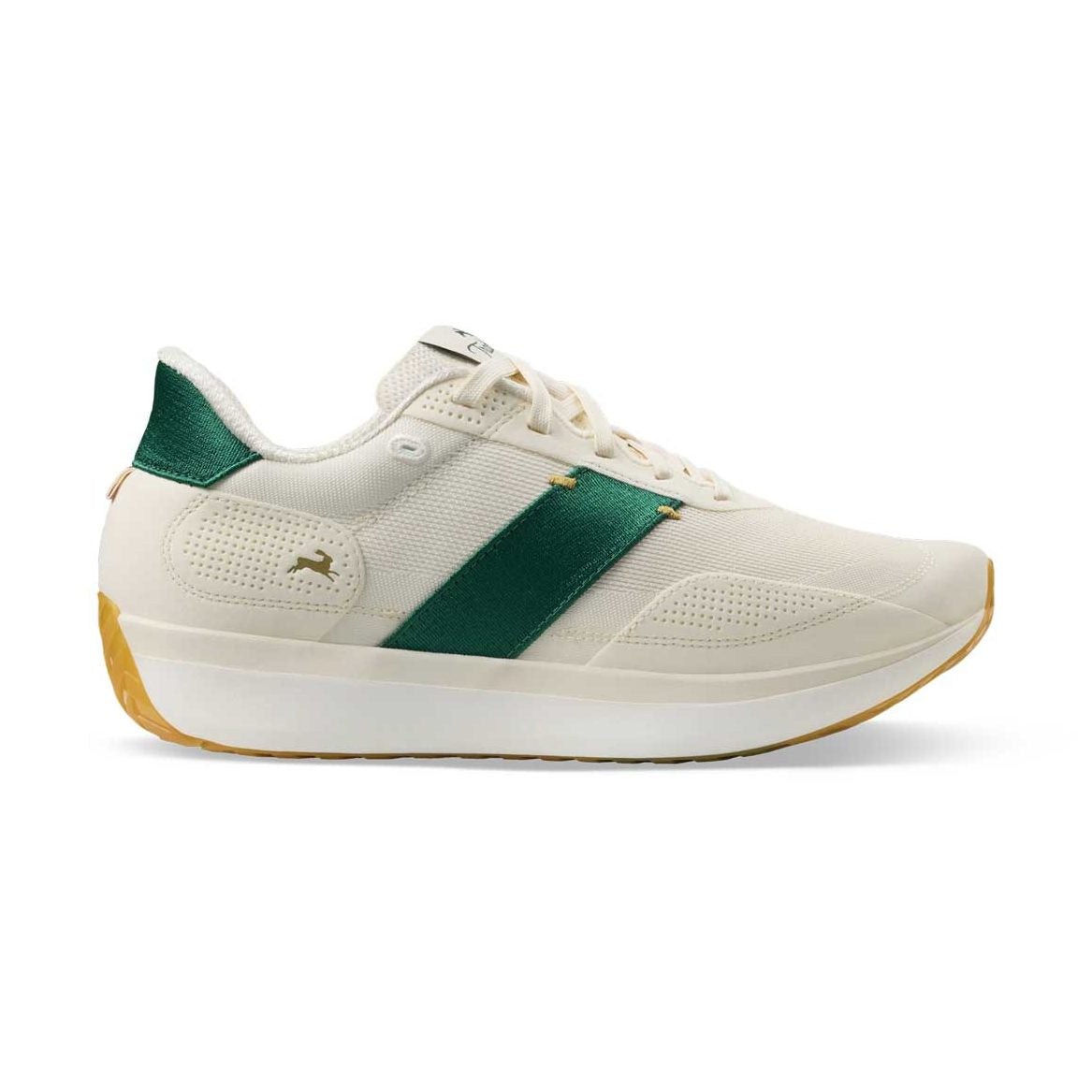 A low-top sneaker in off-white Tracksmith Eliot Ryder – All Gender  with a prominent dark green side stripe, a green heel tab, and a gum-colored outsole, shown from a side profile on a white background.