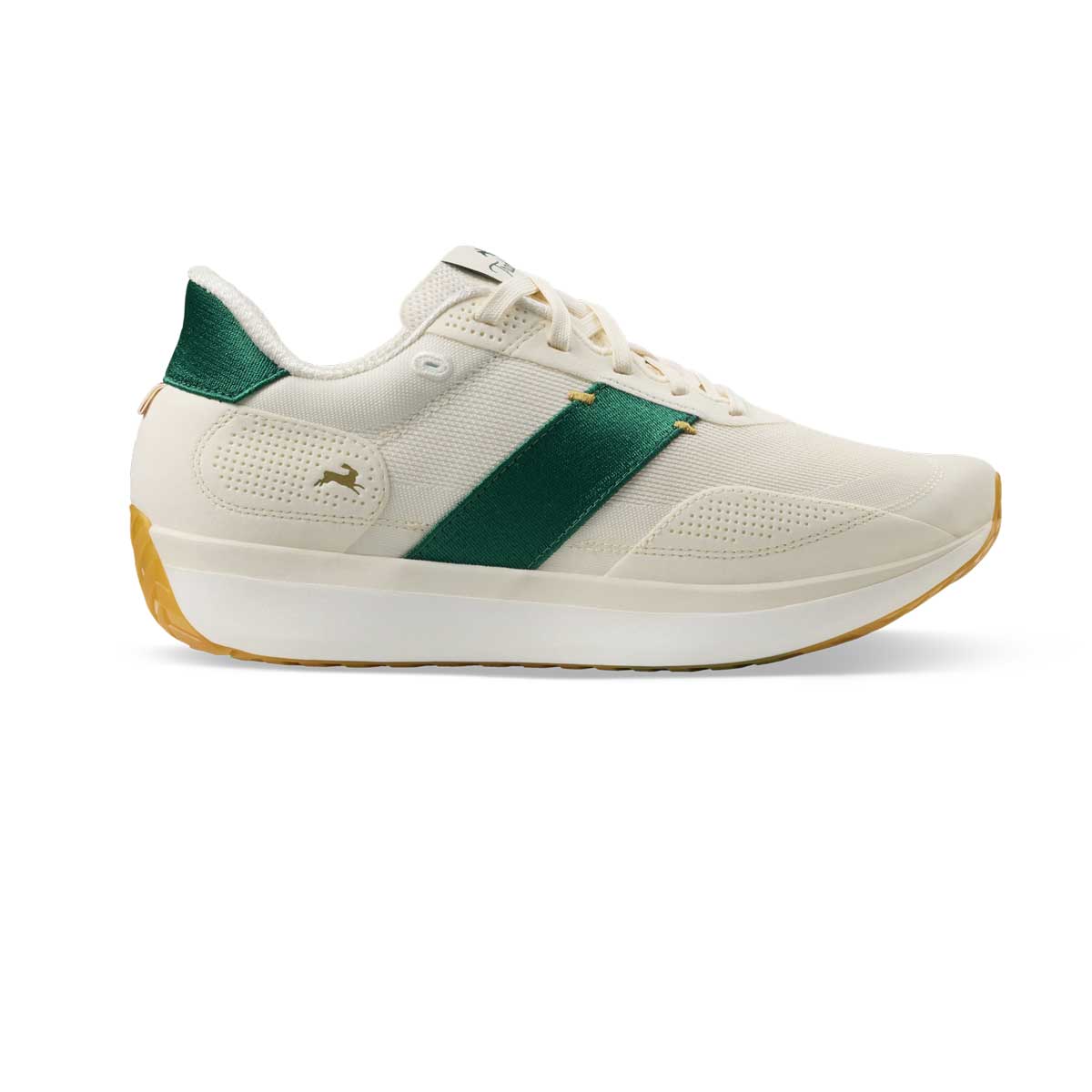 A low-top sneaker in off-white Tracksmith Eliot Ryder – All Gender  with a prominent dark green side stripe, a green heel tab, and a gum-colored outsole, shown from a side profile on a white background.