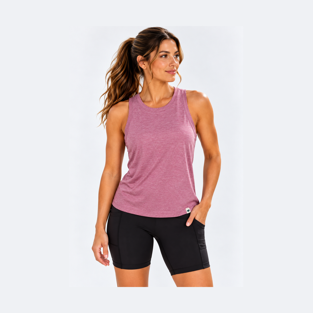 A woman modeling a High Neck Tank Top – Women&