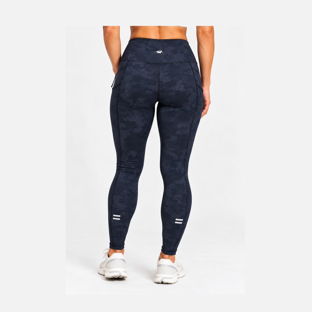 Rear view of a model wearing dark grey camouflage high-waisted 25" Running Tight – Women&