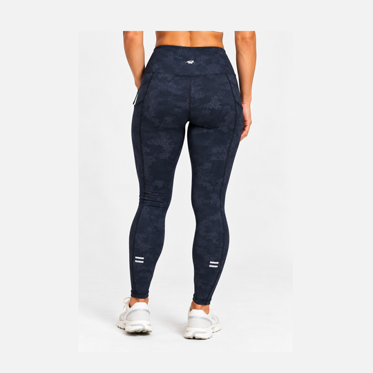 Rear view of a model wearing dark grey camouflage high-waisted 25" Running Tight – Women&