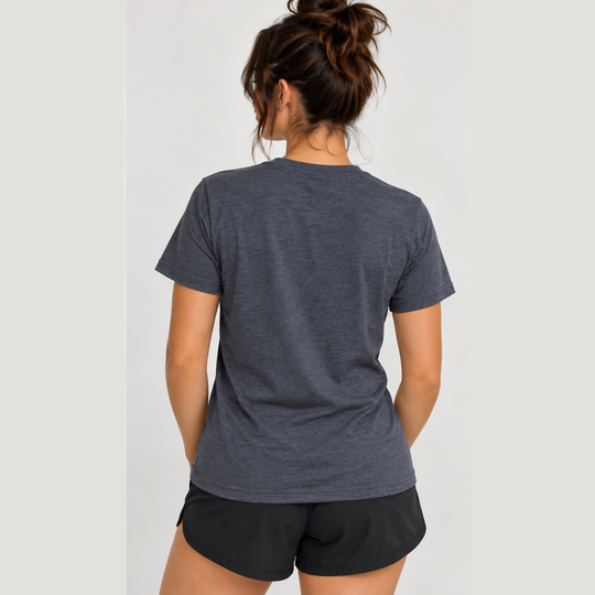 A woman viewed from behind wearing a dark heather gray Classic Fit S/S Sp - Trail Girl – Women&