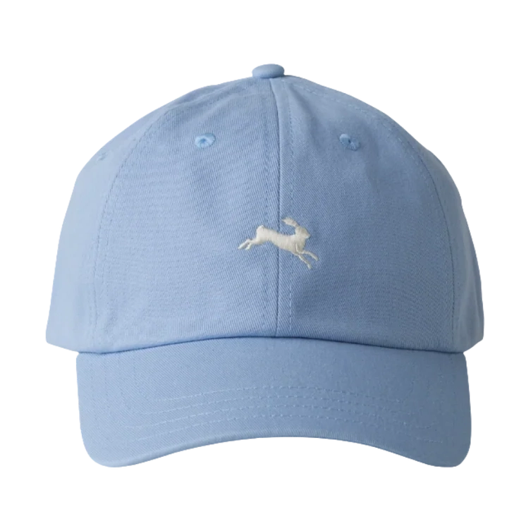 A light blue Hare Hat baseball cap featuring an embroidered white leaping deer logo on the front, set against a plain white background.