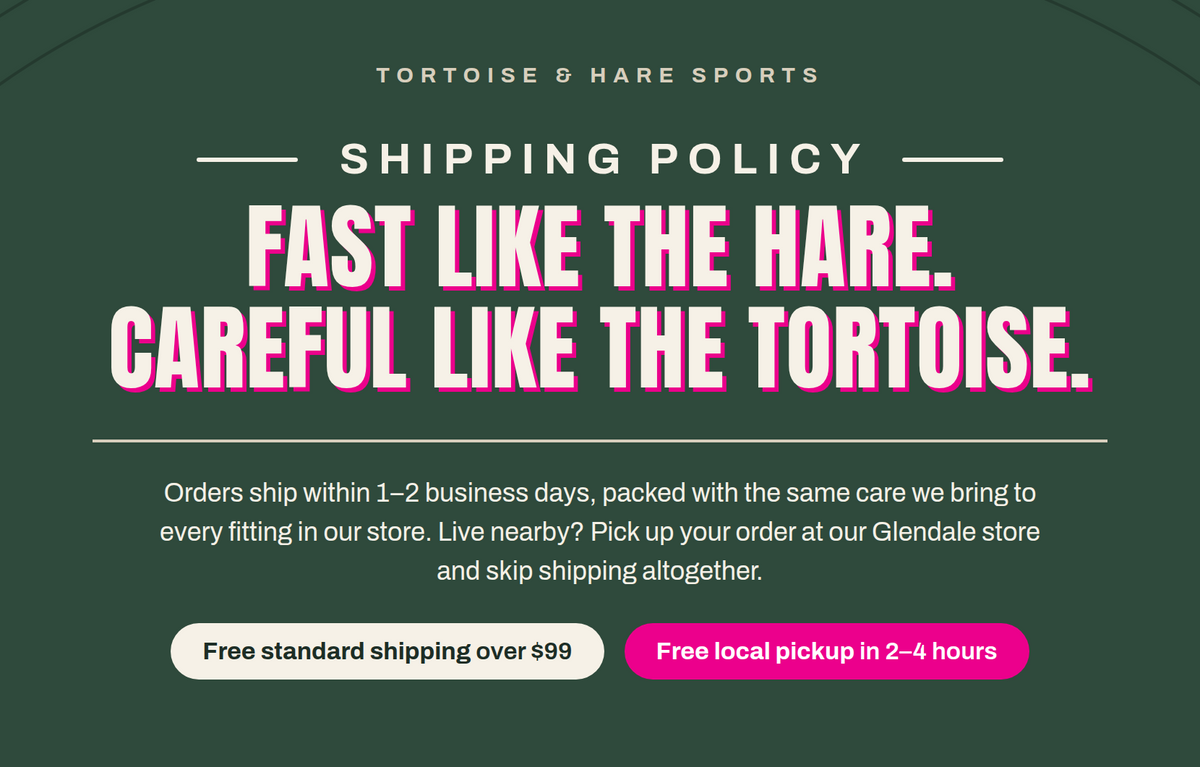 A dark green promotional graphic for Tortoise & Hare Sports shipping policy, with large pink and white text reading 'FAST LIKE THE HARE. CAREFUL LIKE THE TORTOISE.