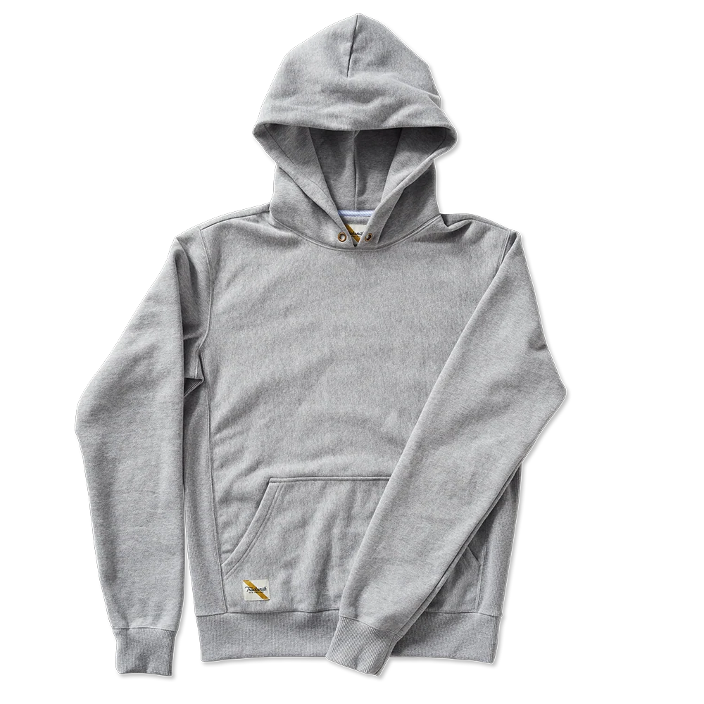 A light gray heather Trackhouse Sweatshirt--Men's with a small gold embroidered logo on the lower left pocket, displayed flat against a solid white background.