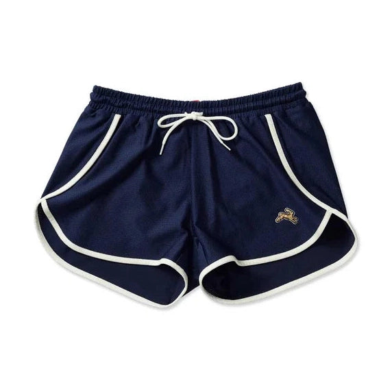 Navy blue Van Cortlandt Short – Women's athletic shorts with white piping, a white drawstring, and a small embroidered logo on the left leg, shown against a plain white background.