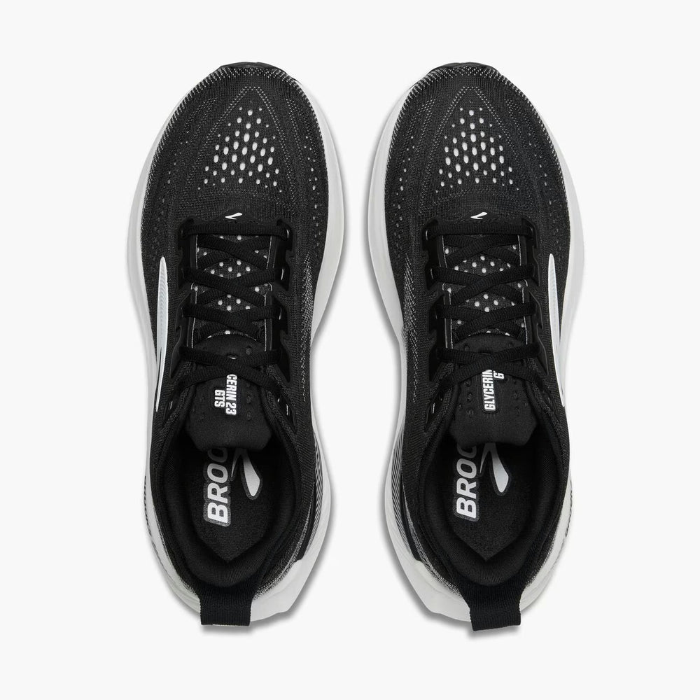 A pair of black and white Brooks Glycerin Gts 23 – Women's running shoes shown from a top-down view on a light gray background.