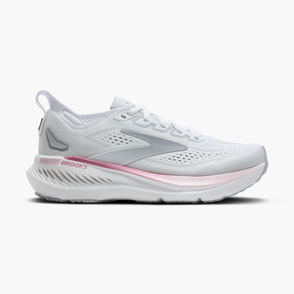 A Brooks Glycerin GTS 23 – Women's running shoe in white and light gray with a pink accent stripe on the midsole, shown from a side profile against a light gray background.