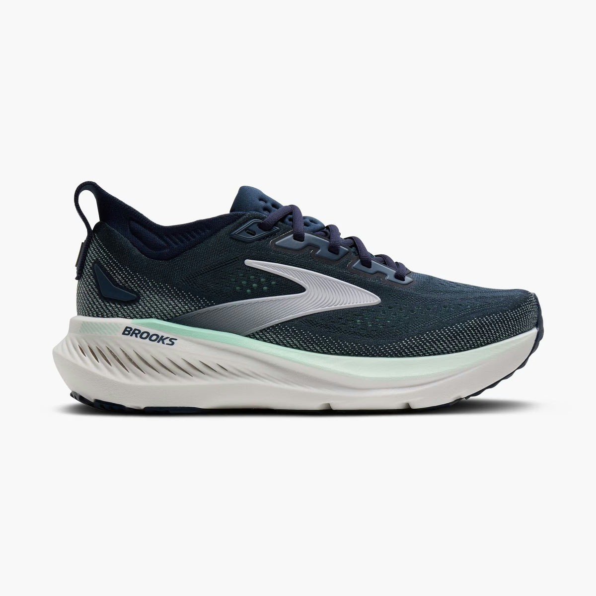 Brooks Glycerin Gts 23 – Women's running shoe in navy blue and white with a light mint green accent on the midsole, shown from a side profile on a light gray background.