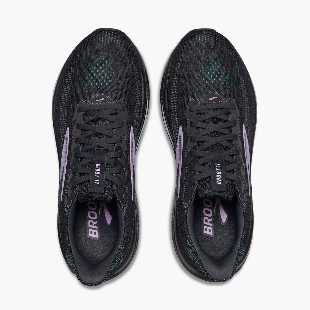 Black Brooks Ghost 17 – Women's running shoes with purple accents on a white background
