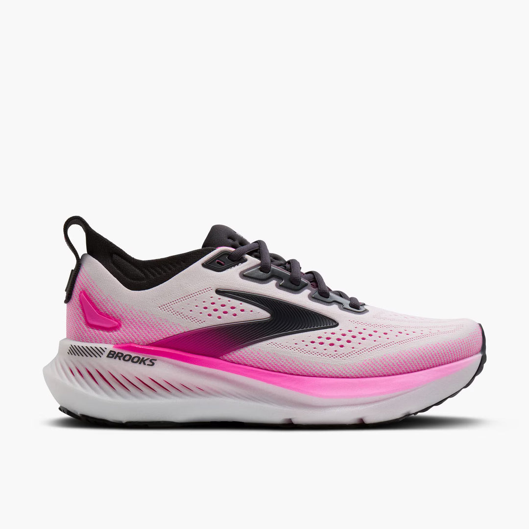 Pink and white running shoe with black accents on a white background