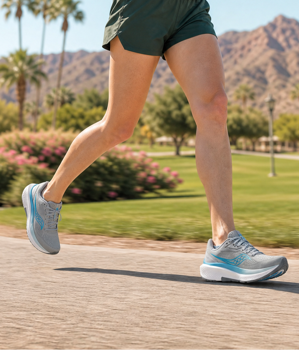 Woman running on a path with palm trees and mountains in the background
