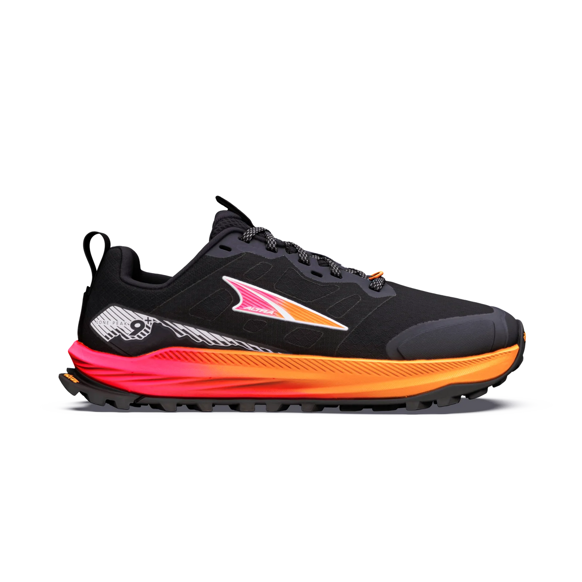 A black Altra Lone Peak 9+ – Women's trail running shoe with a vibrant orange and pink midsole, featuring the Brooks logo on the side, shown against a plain white background.