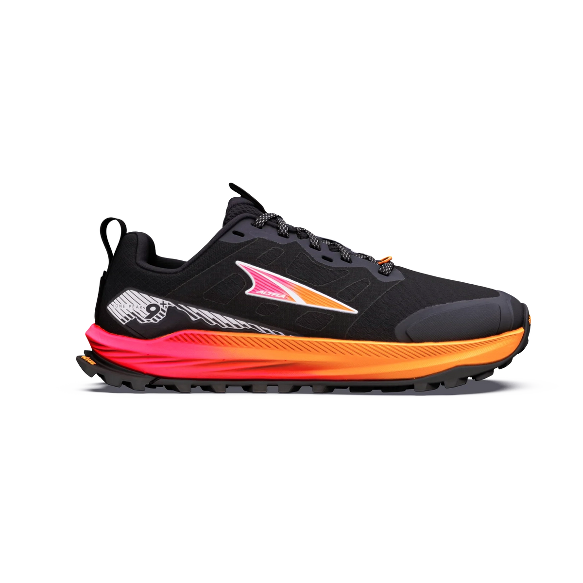 A black Altra Lone Peak 9+ – Women's trail running shoe with a vibrant orange and pink midsole, featuring the Brooks logo on the side, shown against a plain white background.